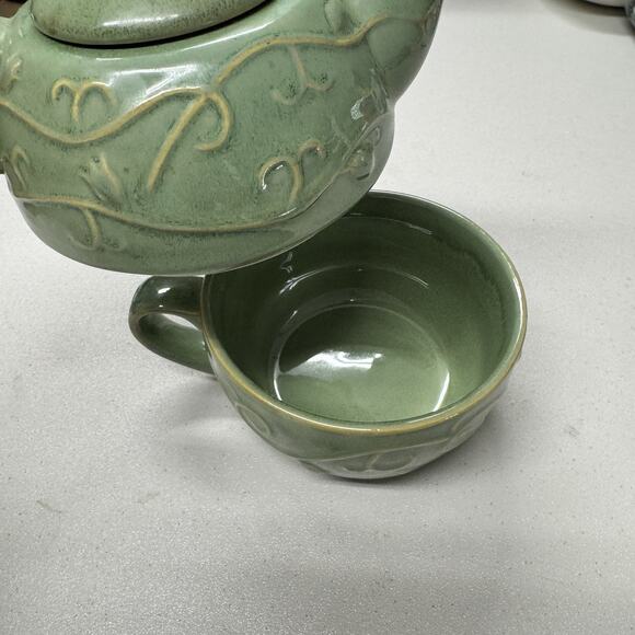 Pier 1 Tea One 3 Pc. Stoneware Teapot & Cup Set Raised Design Sage Green. - Picture 3 of 7